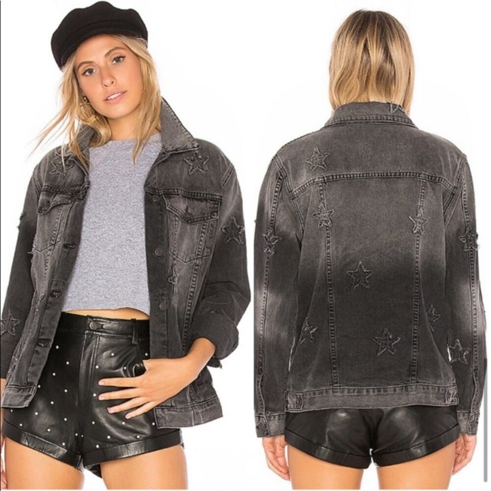 Rails Oversized Star Patch Faded Denim Jacket Black Womens Size Small